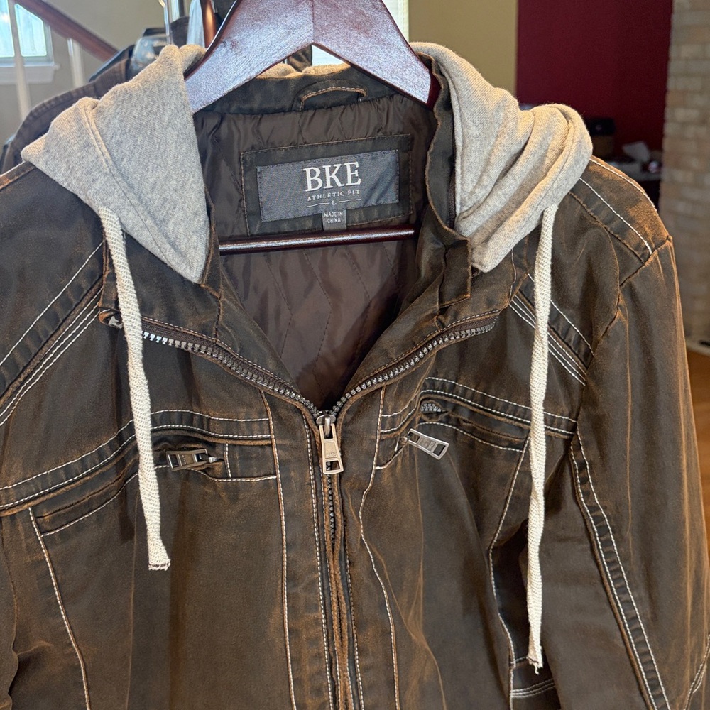 BKE Men's Dark Brown Jacket with Light Gray Hood - Picture 2 of 4